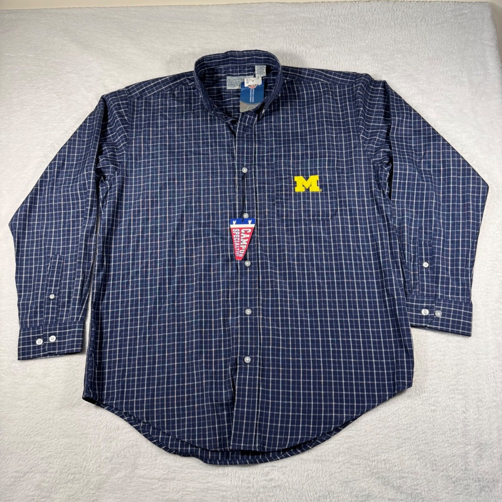 Campus Specialties Michigan Wolverines Shirt Men Large Navy Grid Button Down NWT